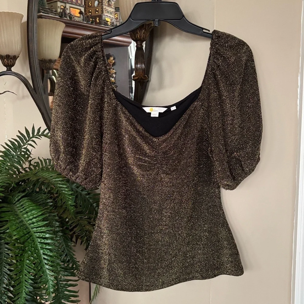 Boden Black Gold Metallic Sparkle Jersey Top Short Puff Sleeves Fitted Blouse